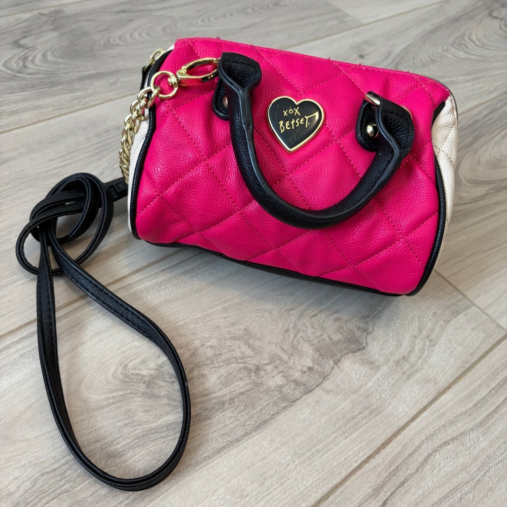 Betsey Johnson Quilted Mini Barrel Crossbody Bag Hot Pink Small Heart Plaque